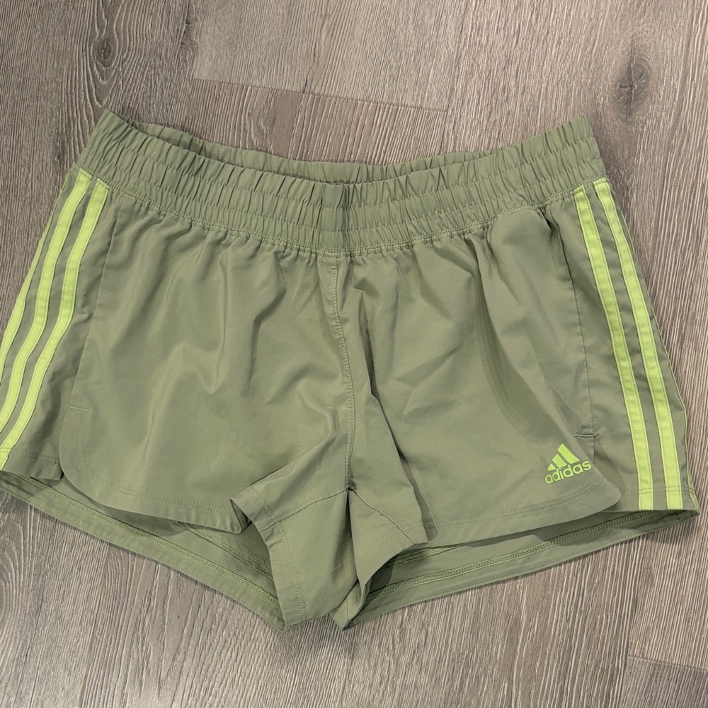 adidas Olive Green Athletic Shorts with Neon Lime Stripes